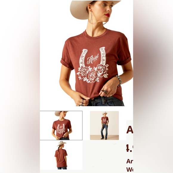 Ariat Boyfriend Fit Rust Color Western Floral Horseshoe Woman’s Logo Tee Medium - Picture 11 of 15